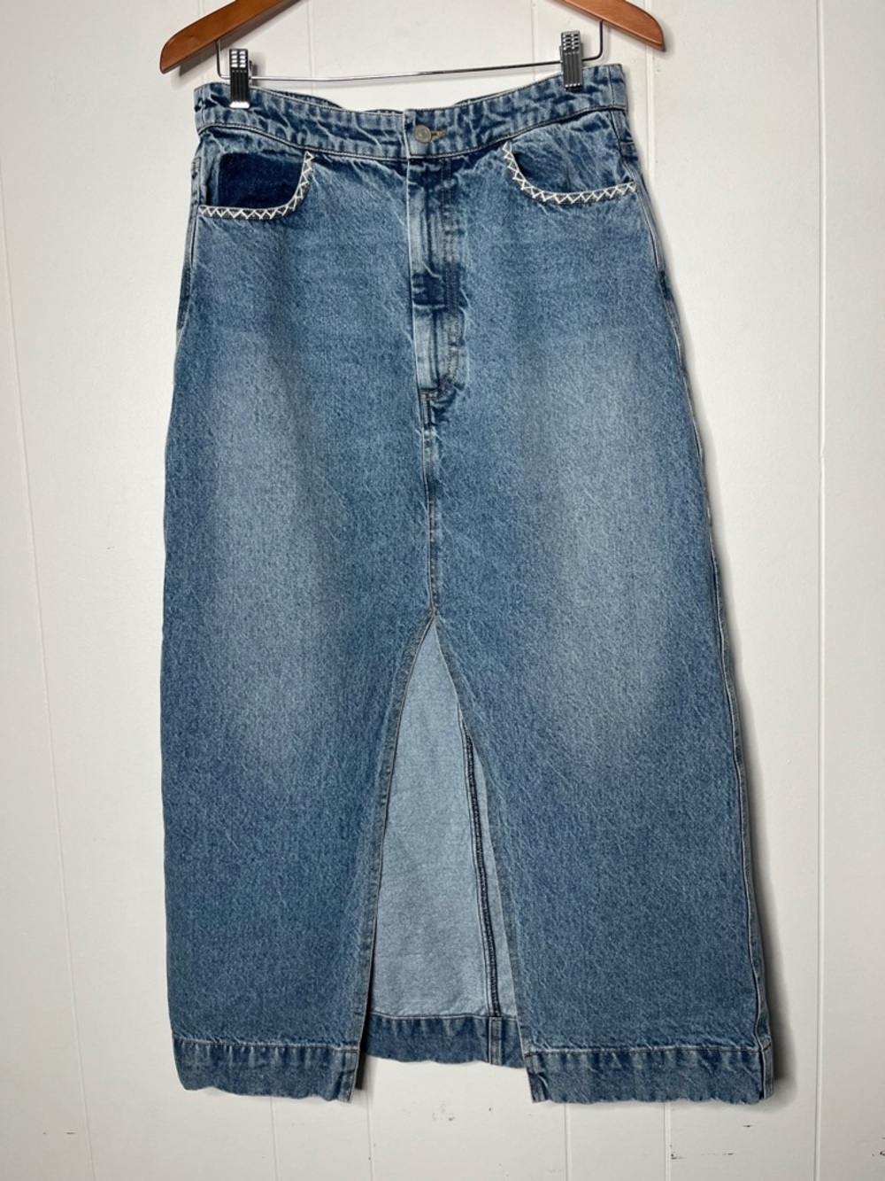 Sea NY Denim Maxi Skirt with Front Slit - Blue Size 10 Jean Embroidered Country